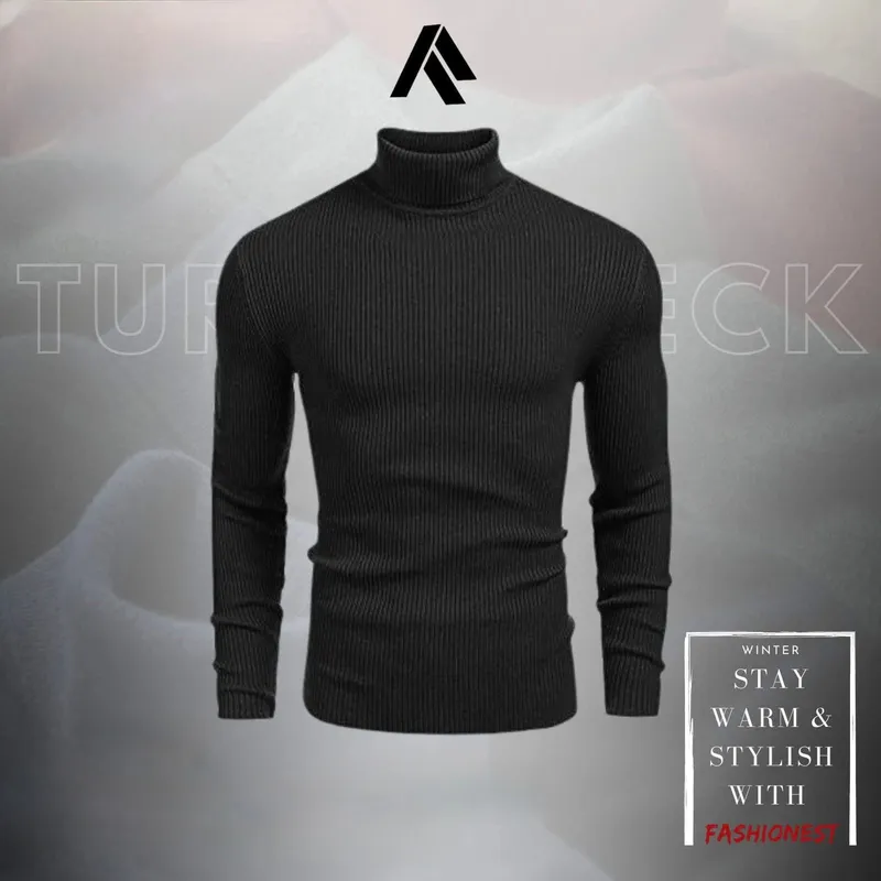 Signature Ribbed Turtleneck — Jet Black